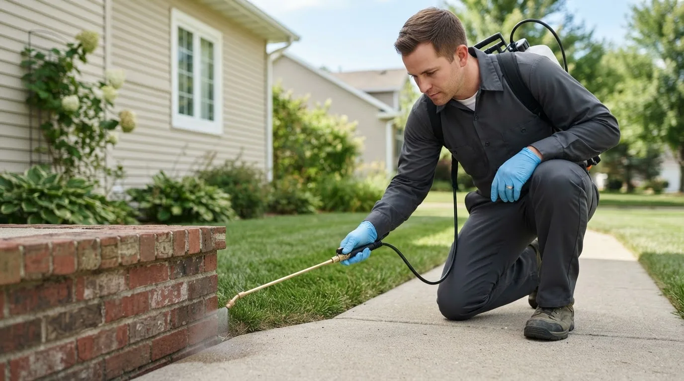 Pest control technician treating a home near Flushing, NY